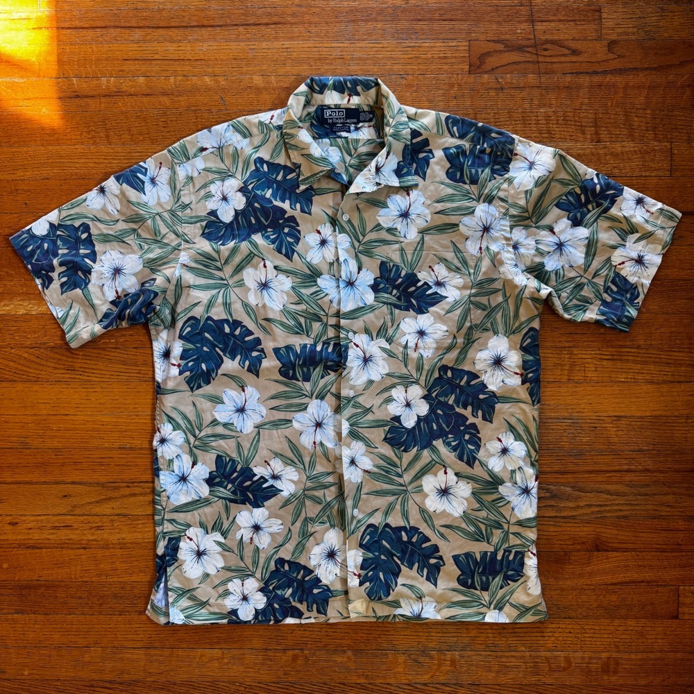 Polo Ralph Lauren Clayton Mens Medium Tan Floral Hibiscus Hawaiian Camp‎ Shirt